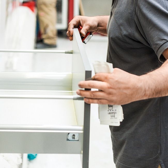 Eine Person beim Zusammenbau von Möbeln, mit einem Schraubenzieher in der einen und einem Blatt Papier oder einer Anleitung in der anderen Hand, neben einer teilweise aufgebauten Schublade oder einem Regal. Nur der Oberkörper und die Arme sind sichtbar.