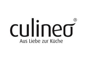 Schwarzes culineo-Logo mit stilisiertem o und dem Schriftzug Aus Liebe zur Küche darunter auf weißem Hintergrund.
